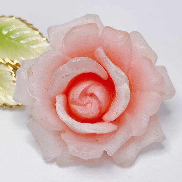 Austria Mid Century Pink Celluloid Rose Brooch Gold Tone Enamel Leaves READ - Picture 4 of 15